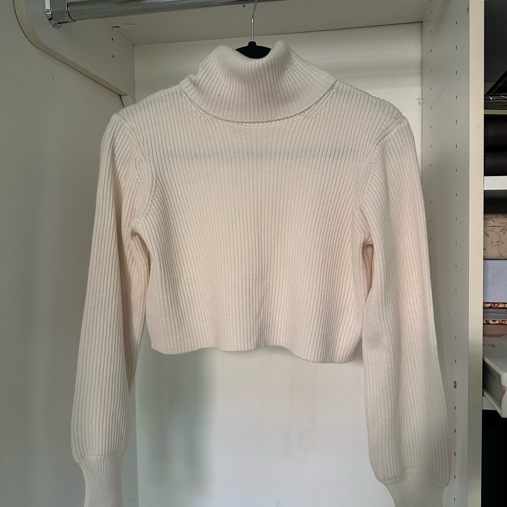 Wilfred Cream Ribbed Turtleneck Crop Sweater—Aritzia